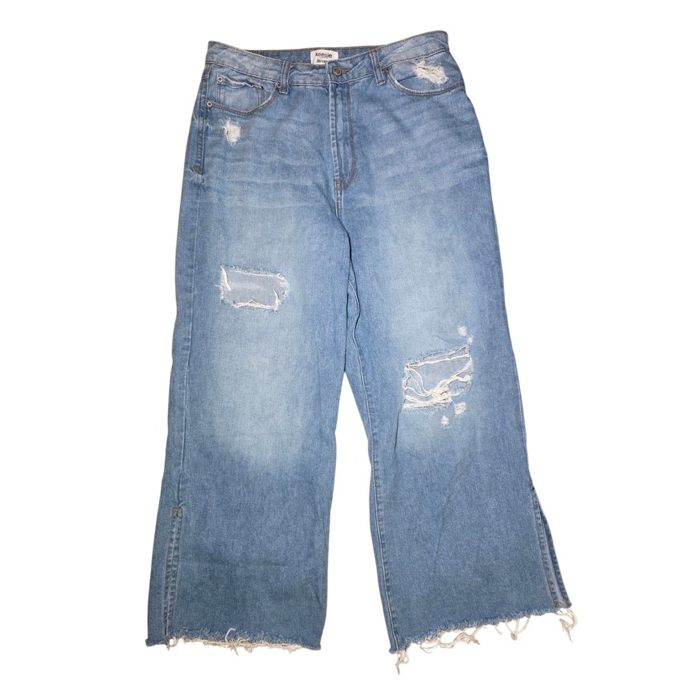 Kensie‎ Wide Leg Light Wash Crop Destroyed Raw Hem Jeans 10 (31x25)